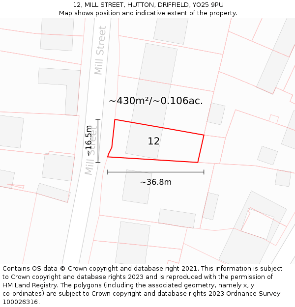 12, MILL STREET, HUTTON, DRIFFIELD, YO25 9PU: Plot and title map