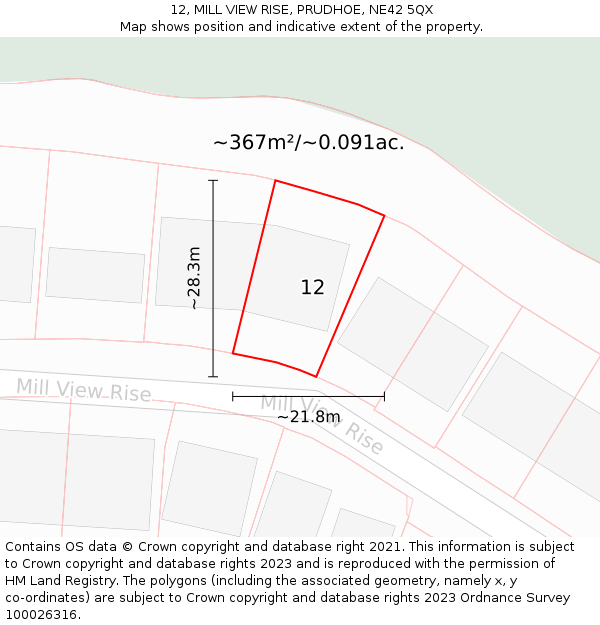 12, MILL VIEW RISE, PRUDHOE, NE42 5QX: Plot and title map