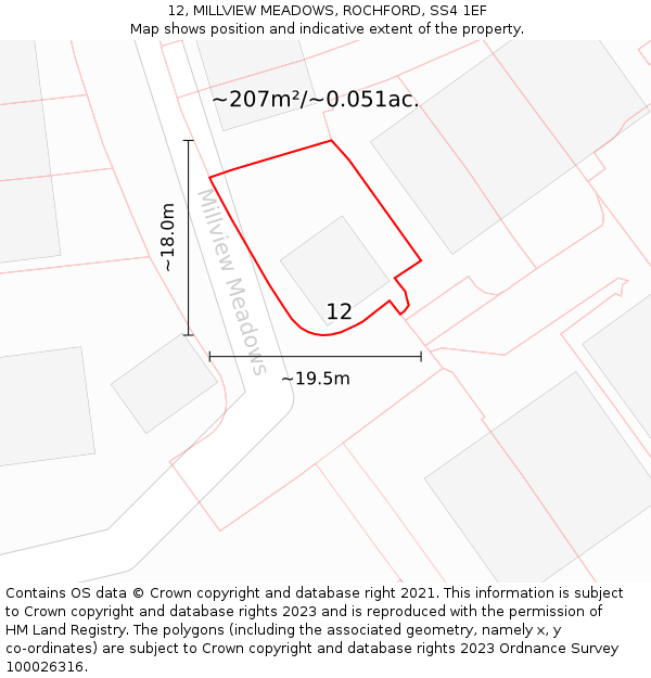 12, MILLVIEW MEADOWS, ROCHFORD, SS4 1EF: Plot and title map