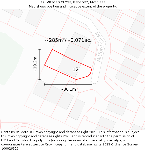 12, MITFORD CLOSE, BEDFORD, MK41 8RF: Plot and title map