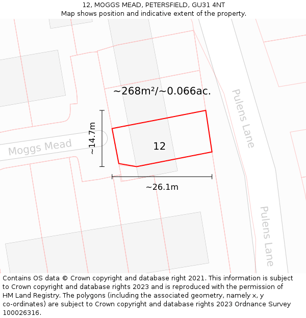 12, MOGGS MEAD, PETERSFIELD, GU31 4NT: Plot and title map