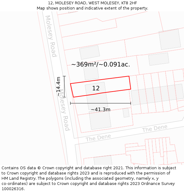 12, MOLESEY ROAD, WEST MOLESEY, KT8 2HF: Plot and title map