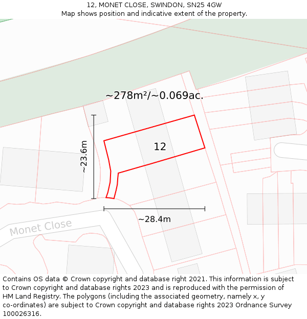 12, MONET CLOSE, SWINDON, SN25 4GW: Plot and title map