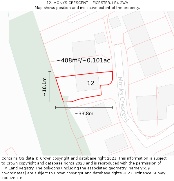 12, MONKS CRESCENT, LEICESTER, LE4 2WA: Plot and title map