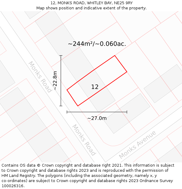 12, MONKS ROAD, WHITLEY BAY, NE25 9RY: Plot and title map