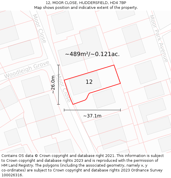 12, MOOR CLOSE, HUDDERSFIELD, HD4 7BP: Plot and title map