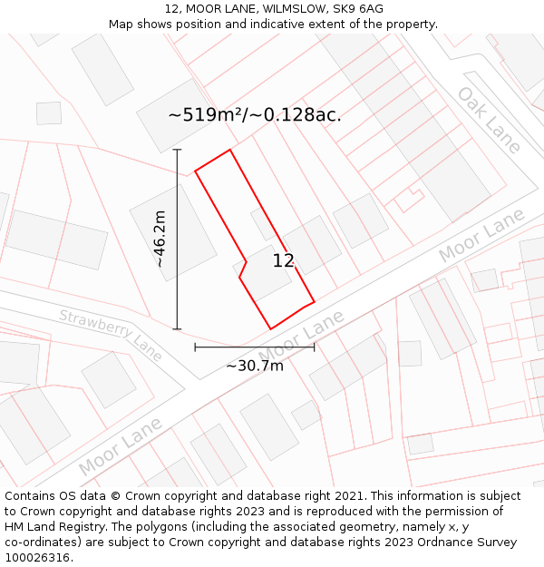 12, MOOR LANE, WILMSLOW, SK9 6AG: Plot and title map