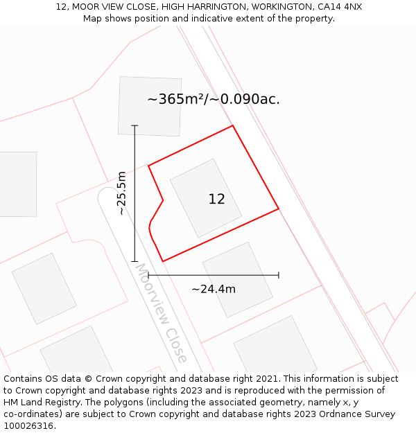 12, MOOR VIEW CLOSE, HIGH HARRINGTON, WORKINGTON, CA14 4NX: Plot and title map