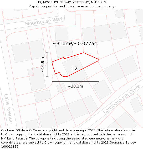 12, MOORHOUSE WAY, KETTERING, NN15 7LX: Plot and title map