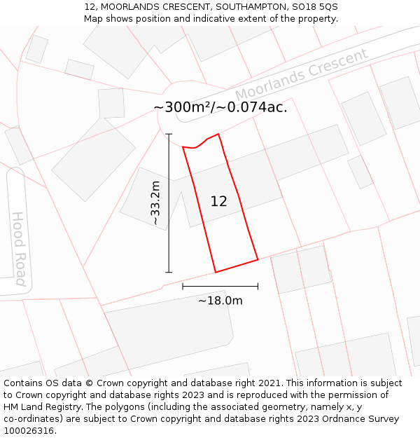 12, MOORLANDS CRESCENT, SOUTHAMPTON, SO18 5QS: Plot and title map