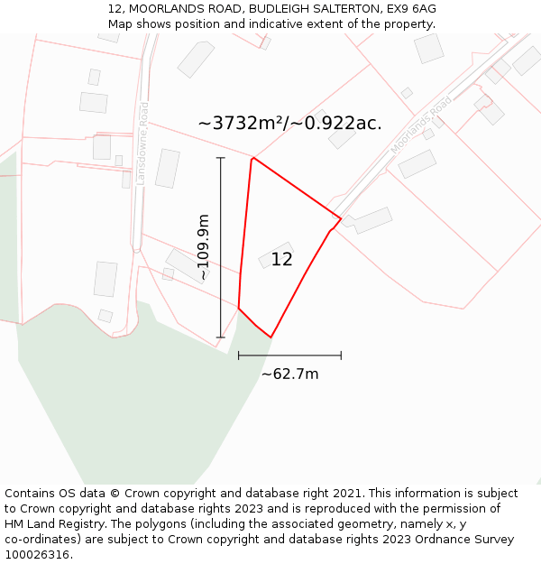 12, MOORLANDS ROAD, BUDLEIGH SALTERTON, EX9 6AG: Plot and title map