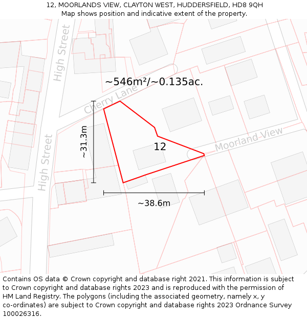 12, MOORLANDS VIEW, CLAYTON WEST, HUDDERSFIELD, HD8 9QH: Plot and title map