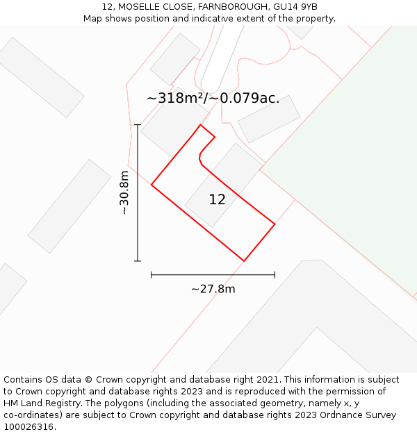 12, MOSELLE CLOSE, FARNBOROUGH, GU14 9YB: Plot and title map