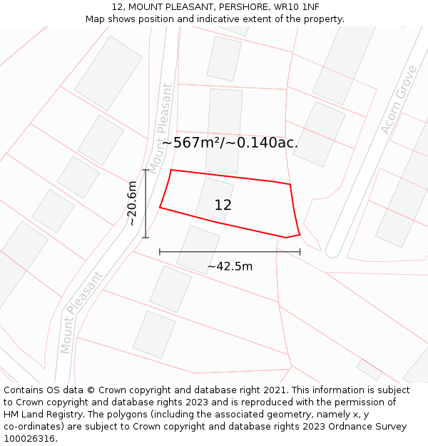 12, MOUNT PLEASANT, PERSHORE, WR10 1NF: Plot and title map