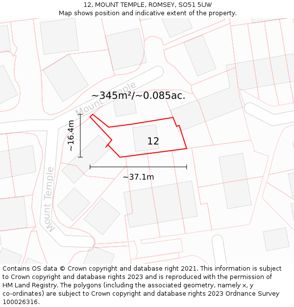 12, MOUNT TEMPLE, ROMSEY, SO51 5UW: Plot and title map