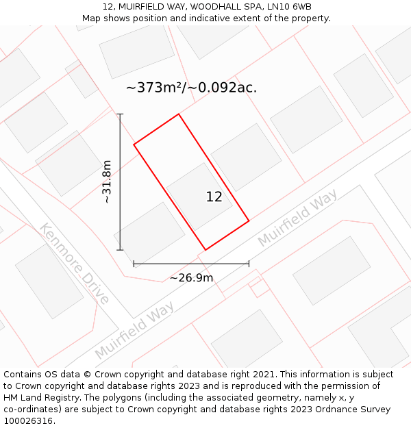 12, MUIRFIELD WAY, WOODHALL SPA, LN10 6WB: Plot and title map