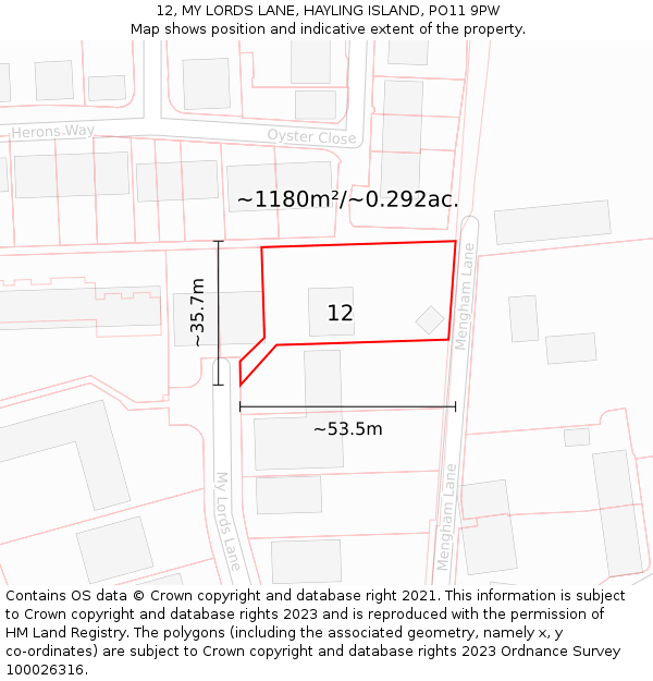 12, MY LORDS LANE, HAYLING ISLAND, PO11 9PW: Plot and title map