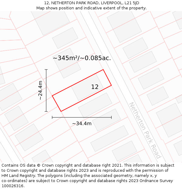 12, NETHERTON PARK ROAD, LIVERPOOL, L21 5JD: Plot and title map