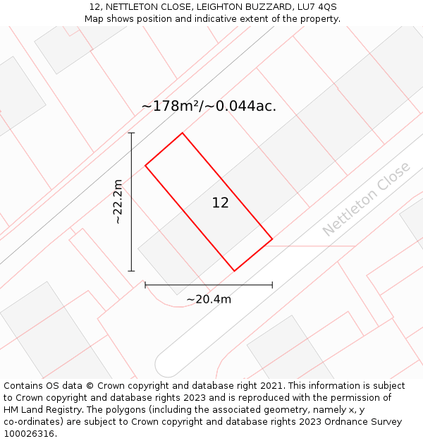 12, NETTLETON CLOSE, LEIGHTON BUZZARD, LU7 4QS: Plot and title map