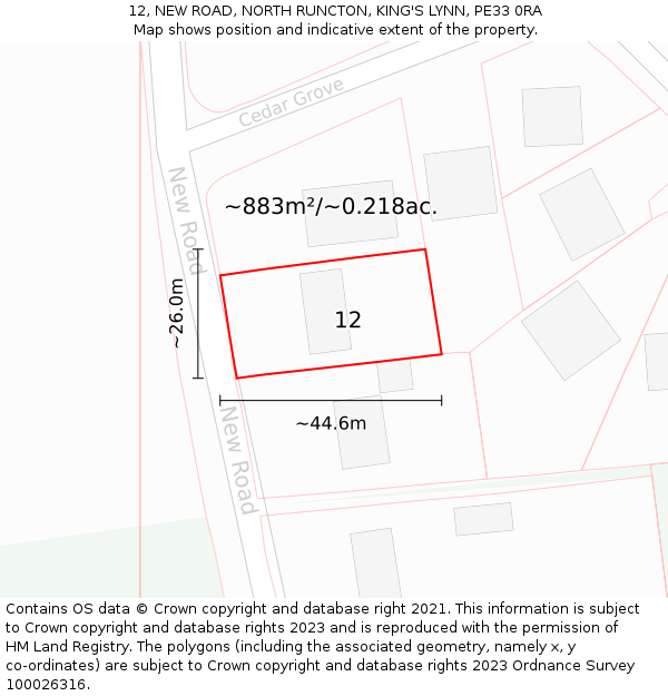 12, NEW ROAD, NORTH RUNCTON, KING'S LYNN, PE33 0RA: Plot and title map