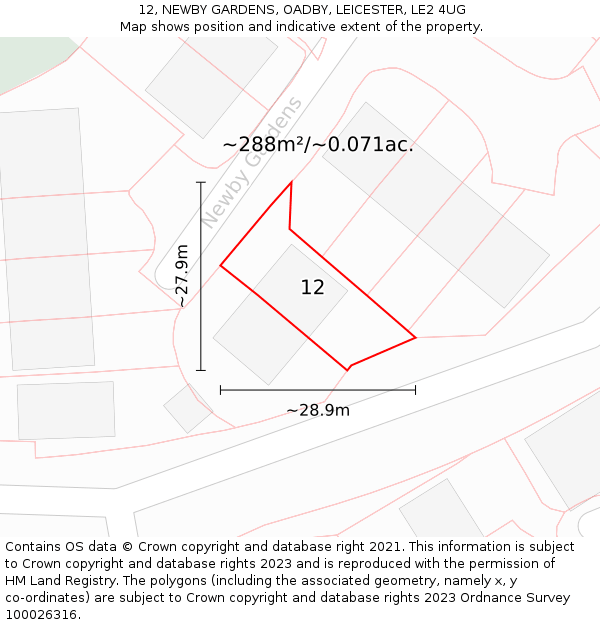 12, NEWBY GARDENS, OADBY, LEICESTER, LE2 4UG: Plot and title map
