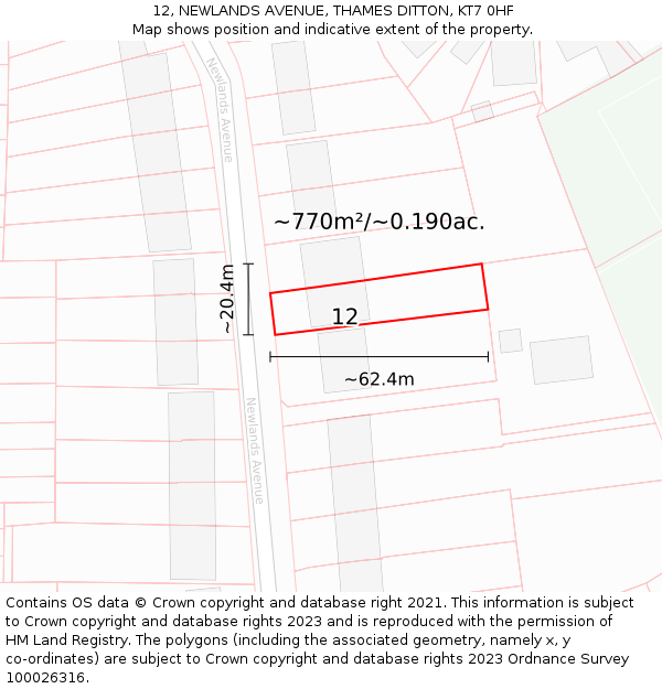 12, NEWLANDS AVENUE, THAMES DITTON, KT7 0HF: Plot and title map