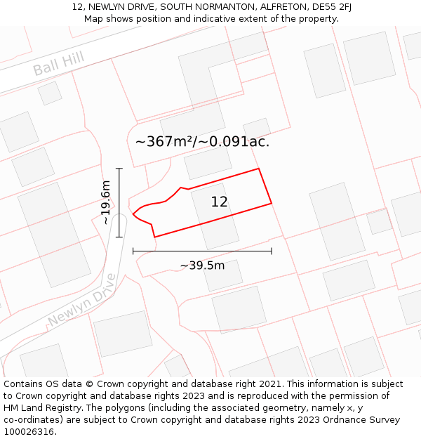 12, NEWLYN DRIVE, SOUTH NORMANTON, ALFRETON, DE55 2FJ: Plot and title map