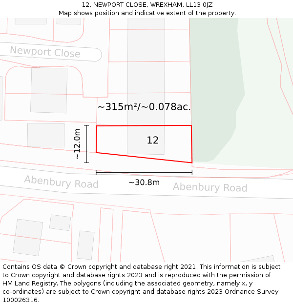 12, NEWPORT CLOSE, WREXHAM, LL13 0JZ: Plot and title map