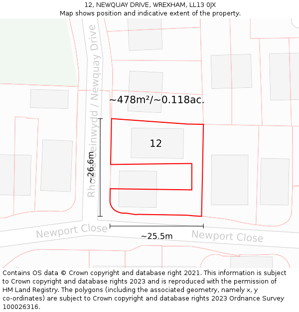 12, NEWQUAY DRIVE, WREXHAM, LL13 0JX: Plot and title map