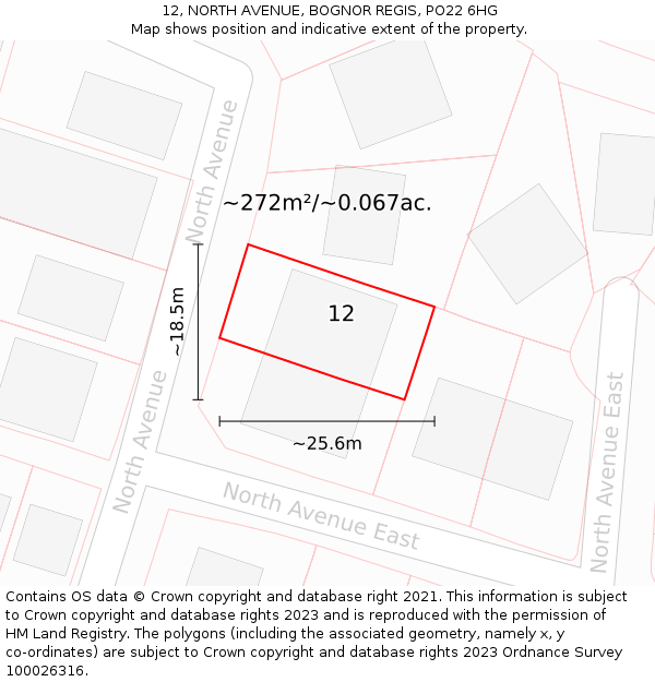 12, NORTH AVENUE, BOGNOR REGIS, PO22 6HG: Plot and title map