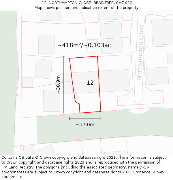 12, NORTHAMPTON CLOSE, BRAINTREE, CM7 9FG: Plot and title map
