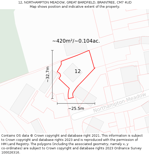 12, NORTHAMPTON MEADOW, GREAT BARDFIELD, BRAINTREE, CM7 4UD: Plot and title map