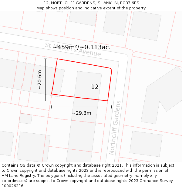 12, NORTHCLIFF GARDENS, SHANKLIN, PO37 6ES: Plot and title map