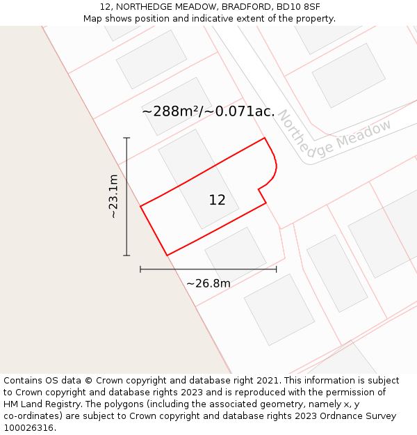12, NORTHEDGE MEADOW, BRADFORD, BD10 8SF: Plot and title map