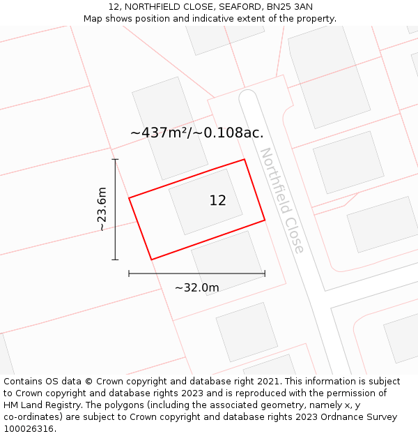 12, NORTHFIELD CLOSE, SEAFORD, BN25 3AN: Plot and title map