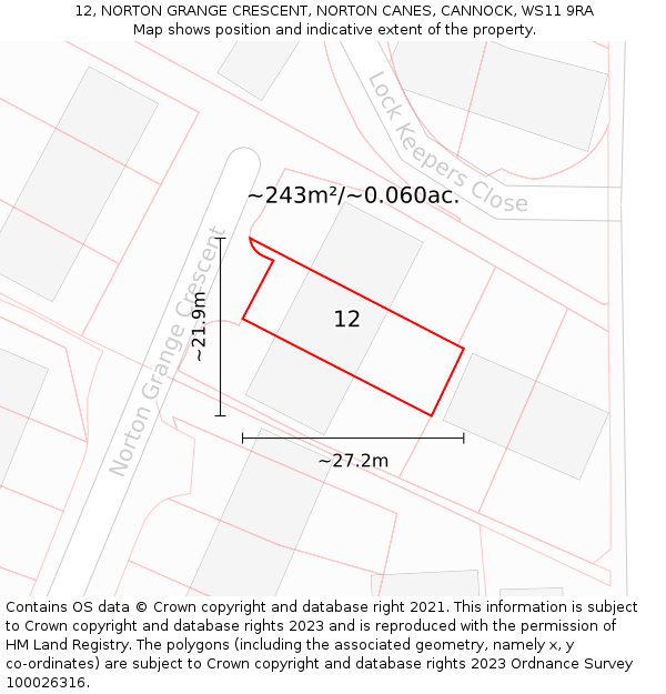 12, NORTON GRANGE CRESCENT, NORTON CANES, CANNOCK, WS11 9RA: Plot and title map