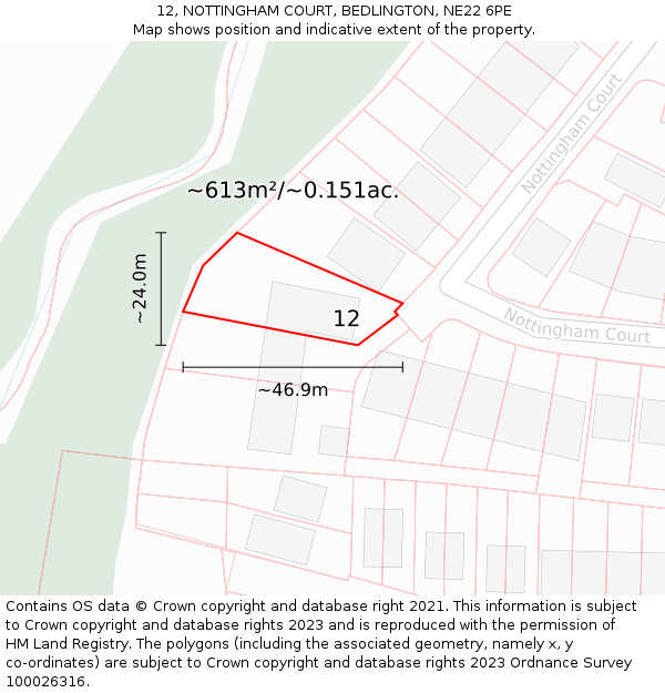 12, NOTTINGHAM COURT, BEDLINGTON, NE22 6PE: Plot and title map