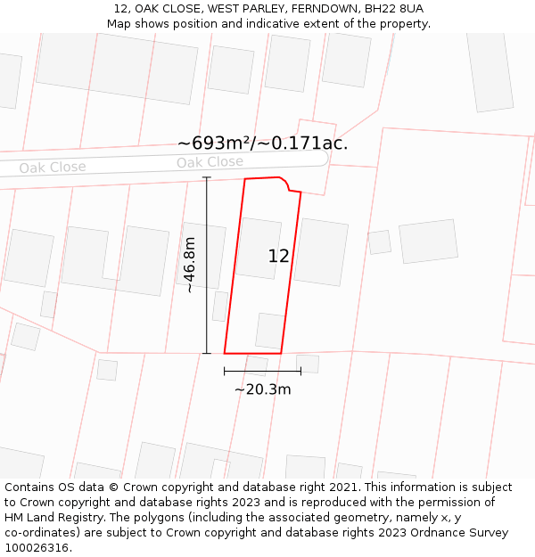 12, OAK CLOSE, WEST PARLEY, FERNDOWN, BH22 8UA: Plot and title map