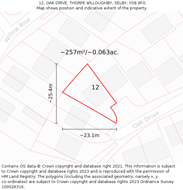 12, OAK DRIVE, THORPE WILLOUGHBY, SELBY, YO8 9FG: Plot and title map