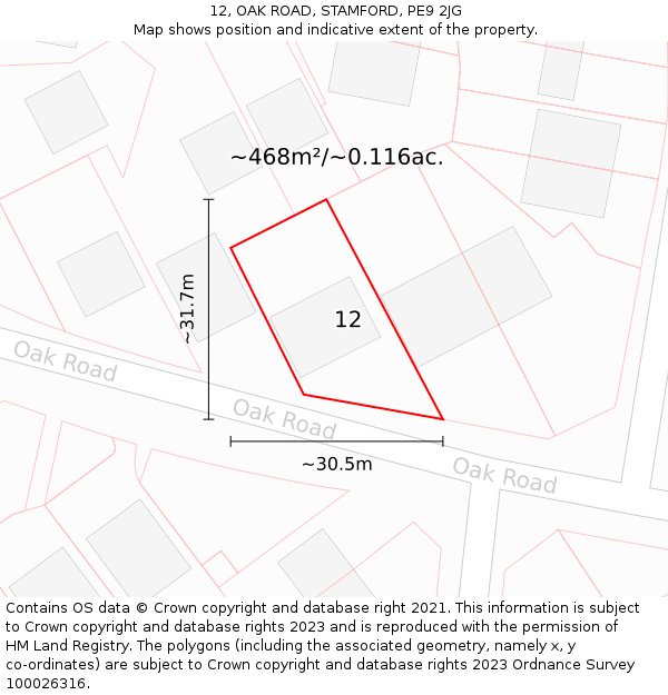 12, OAK ROAD, STAMFORD, PE9 2JG: Plot and title map