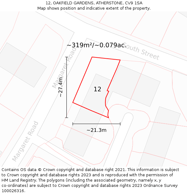 12, OAKFIELD GARDENS, ATHERSTONE, CV9 1SA: Plot and title map