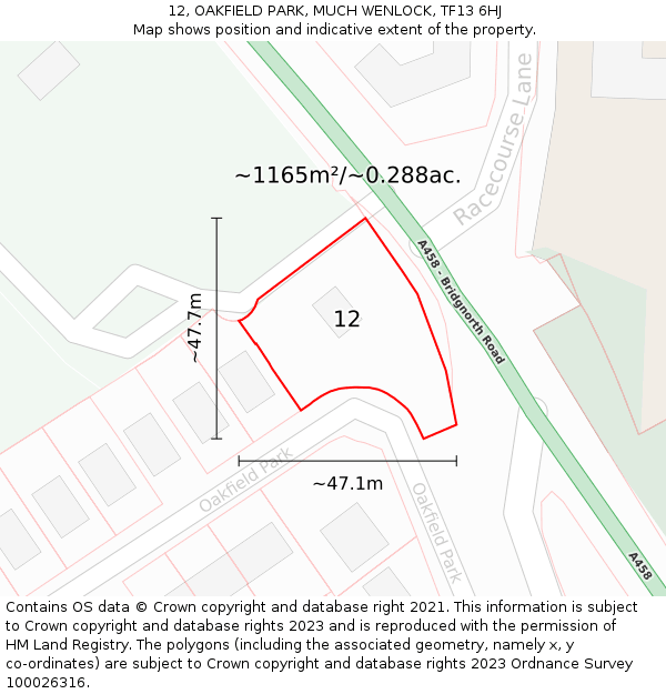 12, OAKFIELD PARK, MUCH WENLOCK, TF13 6HJ: Plot and title map