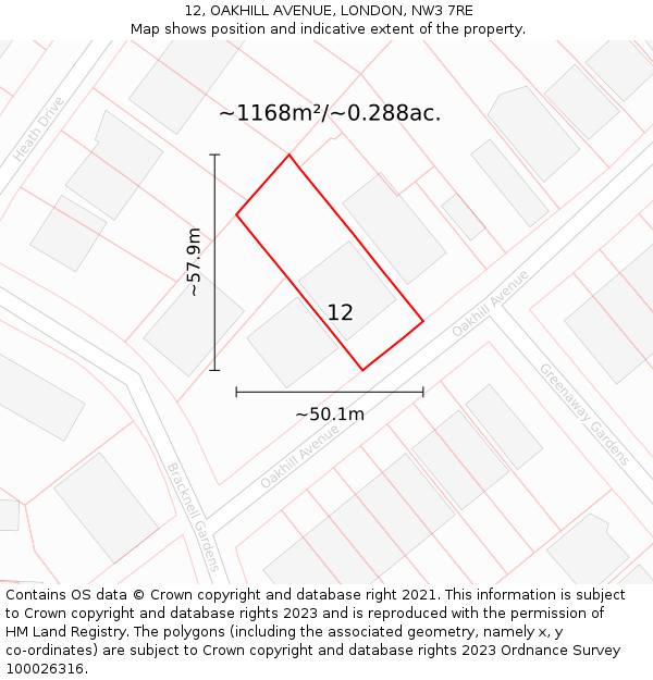 12, OAKHILL AVENUE, LONDON, NW3 7RE: Plot and title map