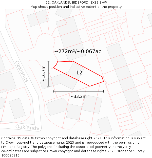 12, OAKLANDS, BIDEFORD, EX39 3HW: Plot and title map