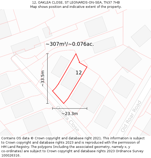 12, OAKLEA CLOSE, ST LEONARDS-ON-SEA, TN37 7HB: Plot and title map