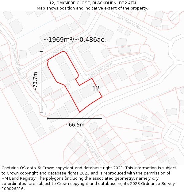 12, OAKMERE CLOSE, BLACKBURN, BB2 4TN: Plot and title map