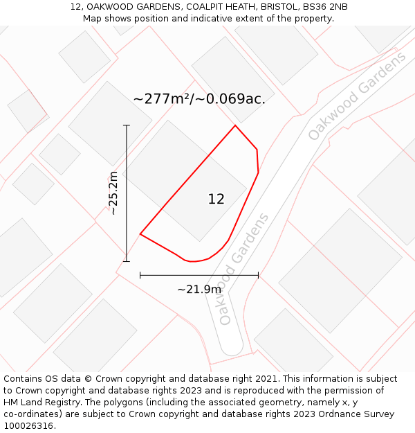 12, OAKWOOD GARDENS, COALPIT HEATH, BRISTOL, BS36 2NB: Plot and title map