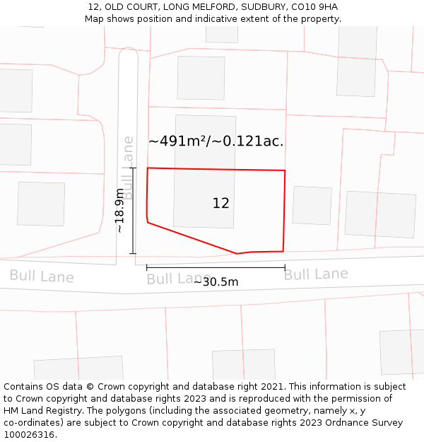 12, OLD COURT, LONG MELFORD, SUDBURY, CO10 9HA: Plot and title map