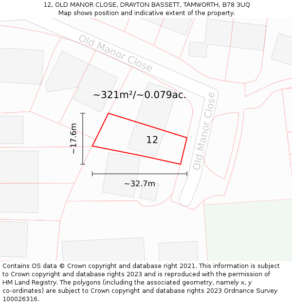 12, OLD MANOR CLOSE, DRAYTON BASSETT, TAMWORTH, B78 3UQ: Plot and title map