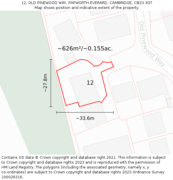 12, OLD PINEWOOD WAY, PAPWORTH EVERARD, CAMBRIDGE, CB23 3GT: Plot and title map